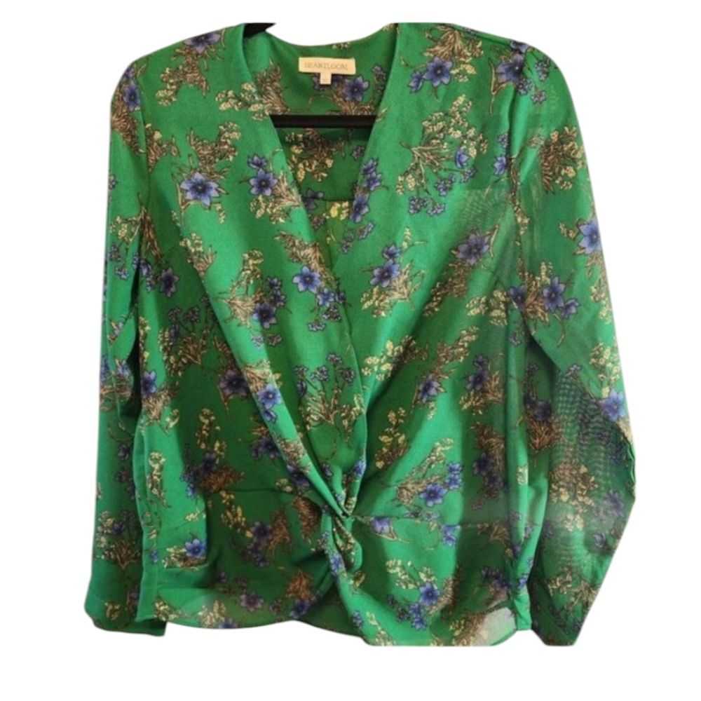 HEARTLOOM CAMILLE TOP, SIZE LARGE EMERALD WITH FLORAL PRINT LONG SLEEVE NWOT